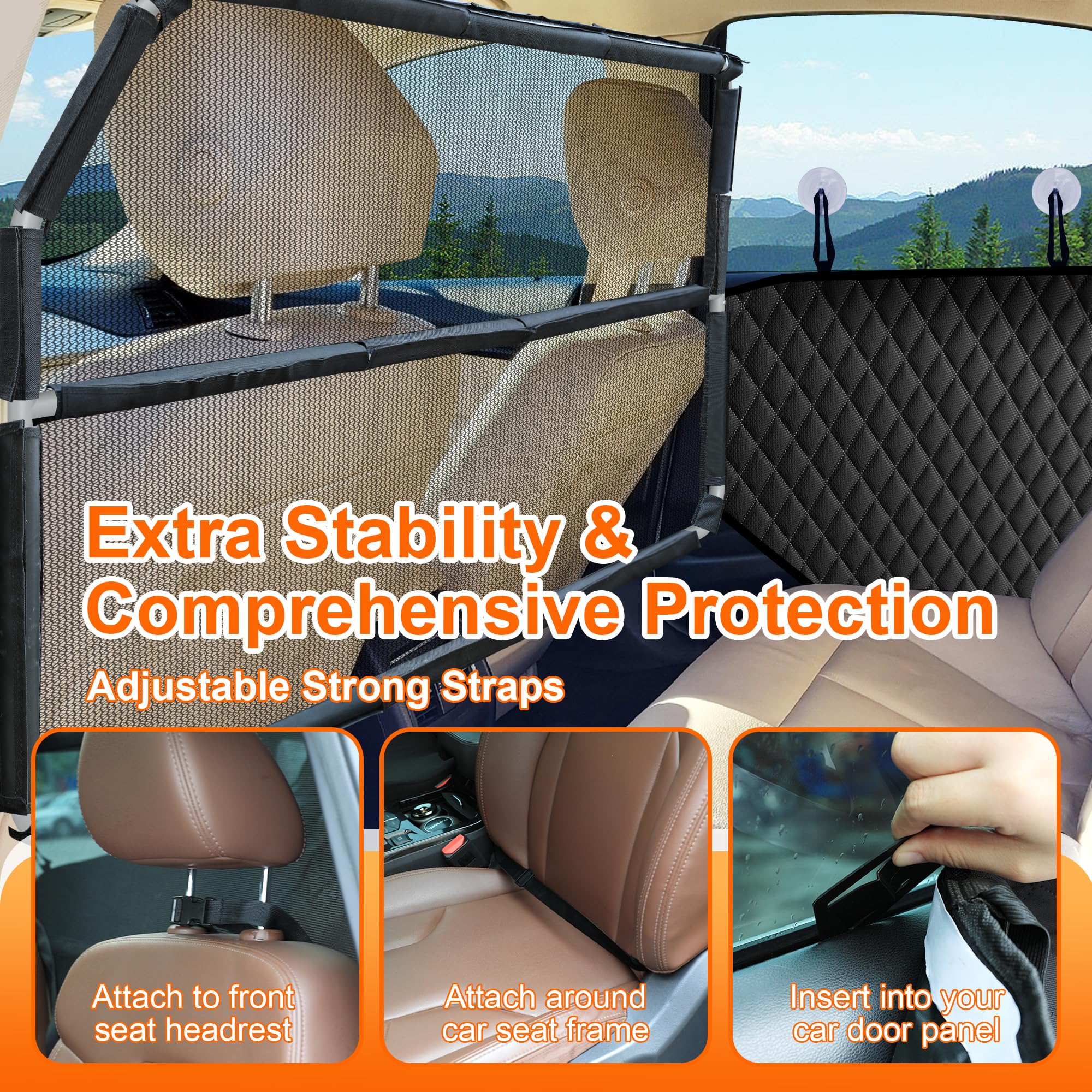 Dog Car Barrier with 2-Pack Car Door Protectors, 50" Wide Car Divider for 2nd 3rd Row Seats & Cargo Area, Back Seat Pet Barrier with See Through Net Mesh for Small Trucks & SUV & Mid-Sized Vehicle 3 Dog Car Barrier with 2-Pack Car Door Protectors, 50" Wide Car Divider for 2nd 3rd Row Seats & Cargo Area, Back Seat Pet Barrier with See Through Net Mesh for Small Trucks & SUV & Mid-Sized Vehicle Dog Car Barrier with 2-Pack Car Door Protectors, 50" Wide Car Divider for 2nd 3rd Row Seats & Cargo Area, Back Seat Pet Barrier with See Through Net Mesh for Small Trucks & SUV & Mid-Sized Vehicle - Image 3