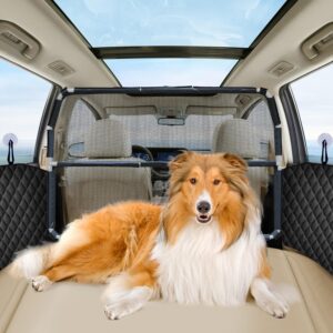 Dog Car Barrier with 2-Pack Car Door Protectors, 50" Wide Car Divider for 2nd 3rd Row Seats & Cargo Area, Back Seat Pet Barrier with See Through Net Mesh for Small Trucks & SUV & Mid-Sized Vehicle